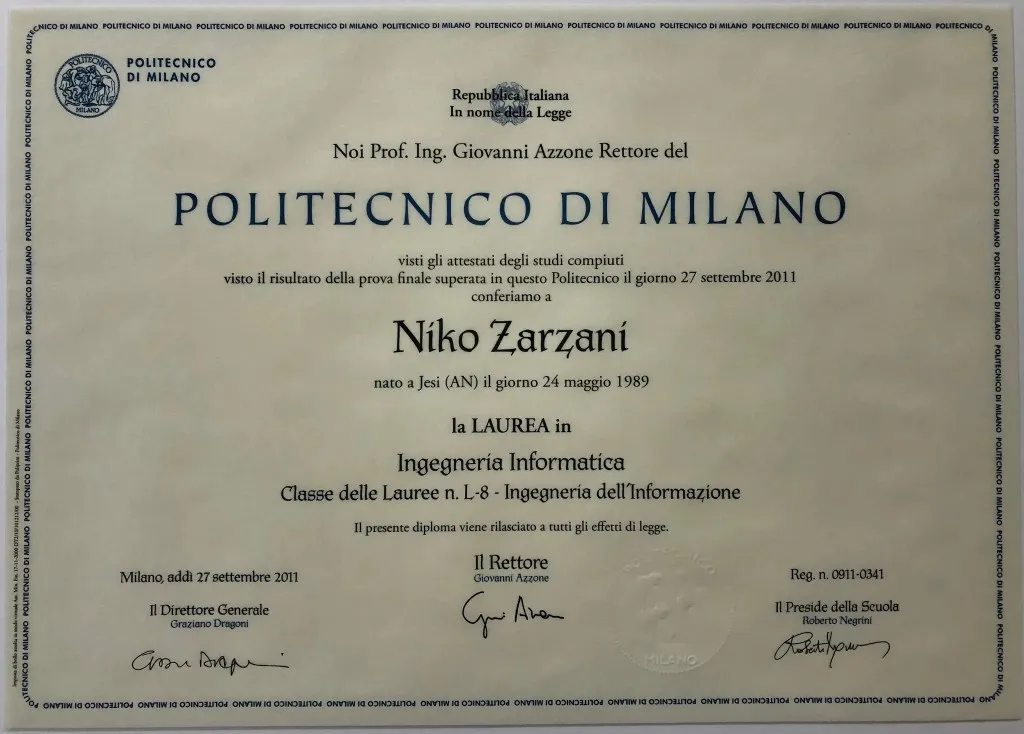 BSc in Computer Engineering, Politecnico di Milano · Scientific High School Diploma, Liceo Leonardo da Vinci 1