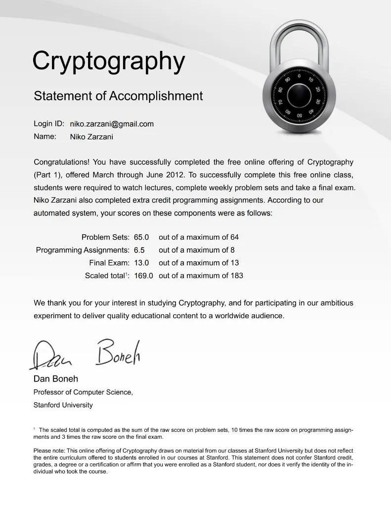 Stanford Online Statements of Accomplishment — Artificial Intelligence and Cryptography (2011–2012) 2