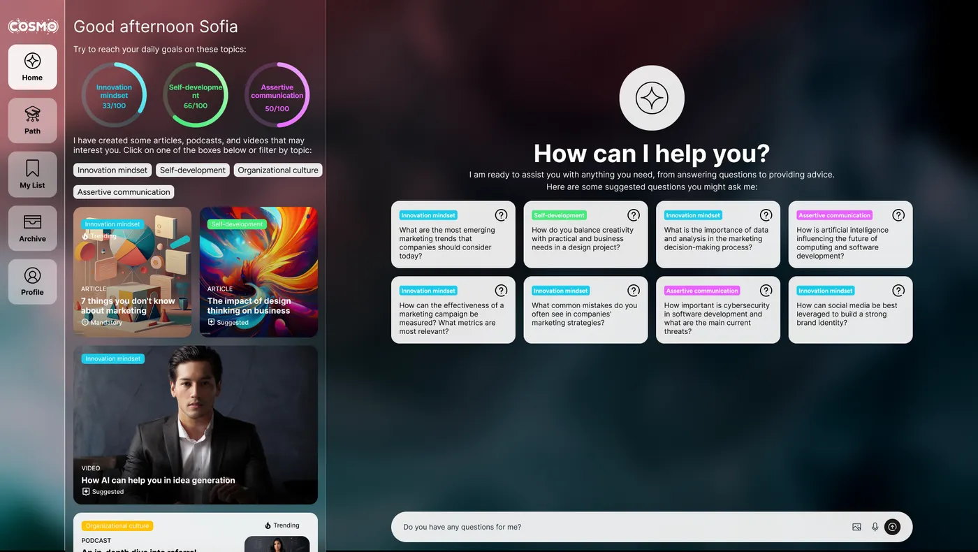 Cosmo MVP prototype screens across onboarding, discovery and conversational mentoring 3