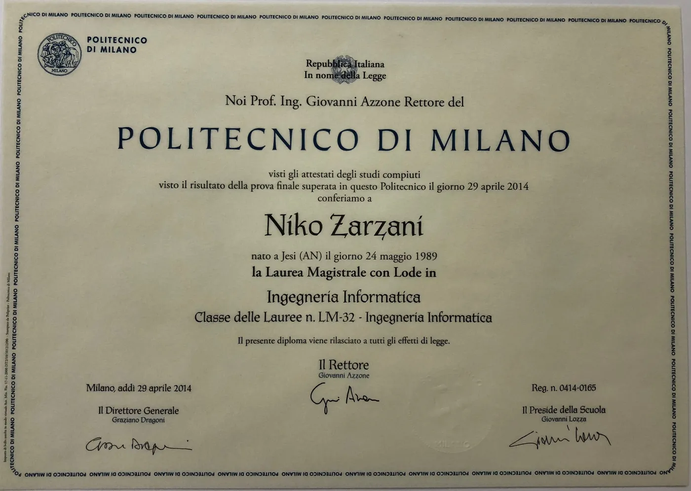 Master’s diplomas — Politecnico di Milano and University of Illinois at Chicago 1