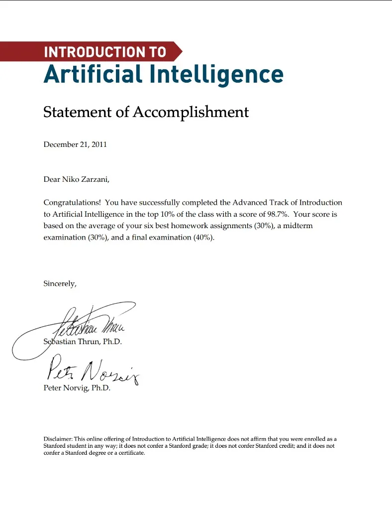 Stanford Online Statements of Accomplishment — Artificial Intelligence and Cryptography (2011–2012) 1